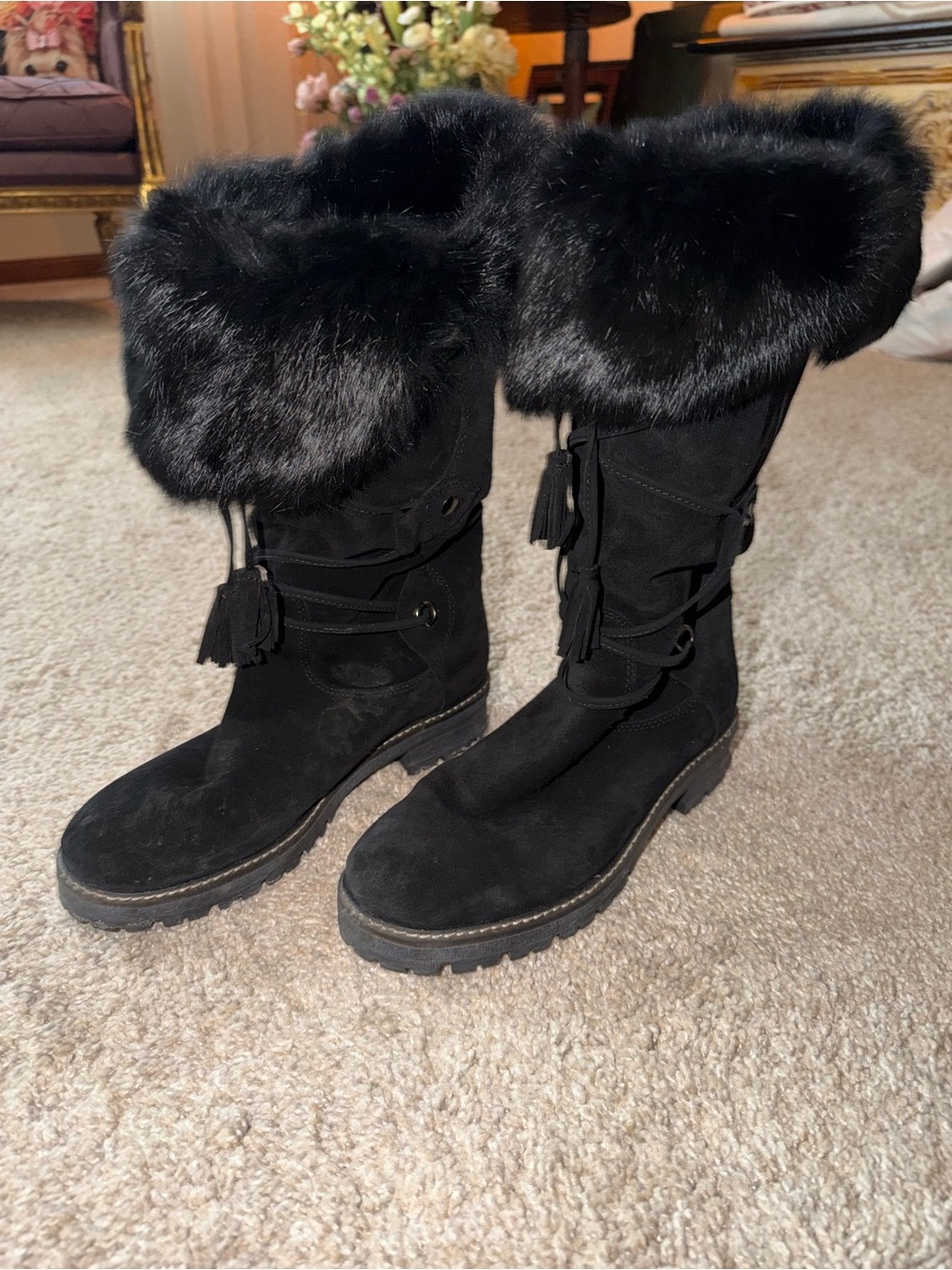 Black Faux Fur Fold-Over Winter Boots - Women